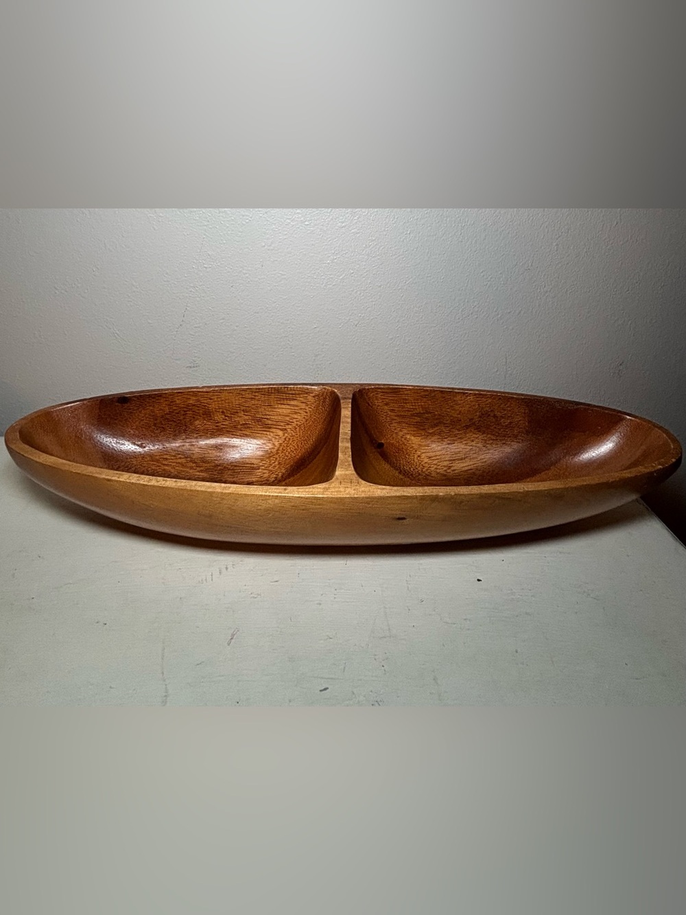 Vintage MCM divided serving dish carved from Monkey Pod Wood